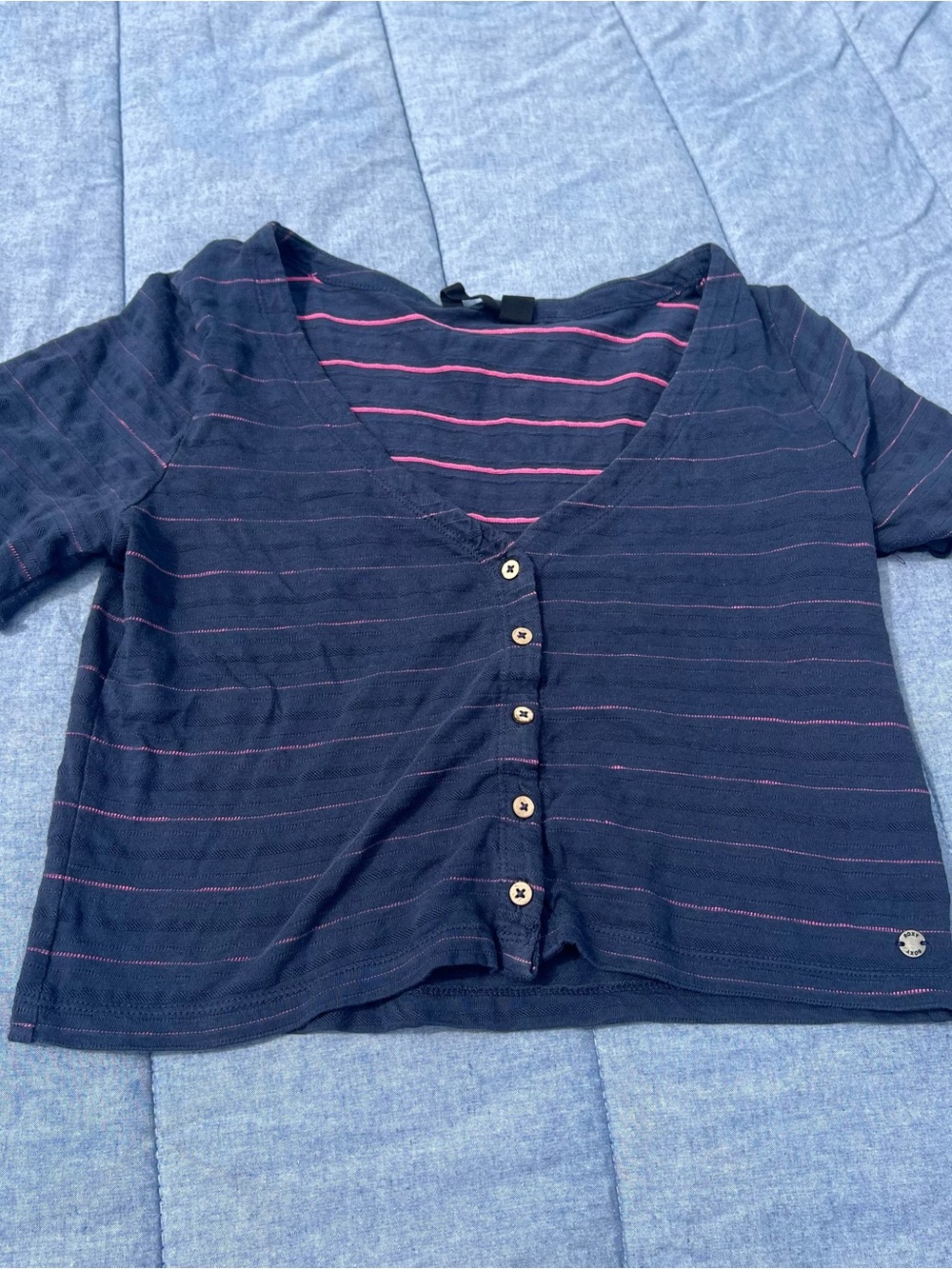 Roxy Navy Top with Pink Stripes Button-Front Baby Tee Y2K Cotton Size Large